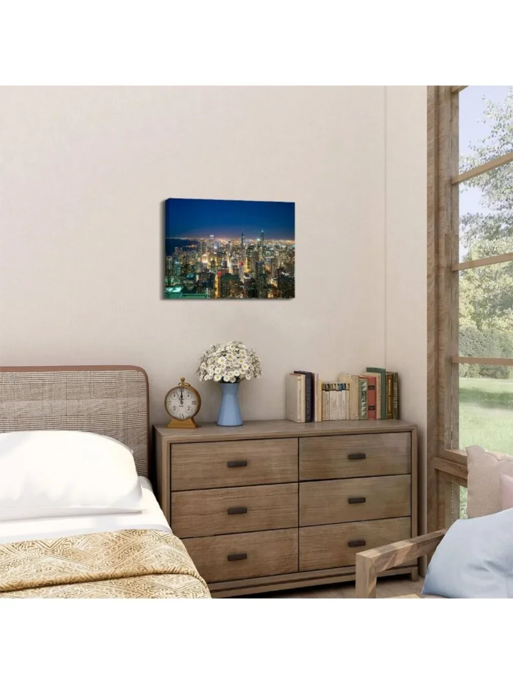 Chicago Skyline Canvas Art - Modern Cityscape Night Scene Wall Decor 12x16